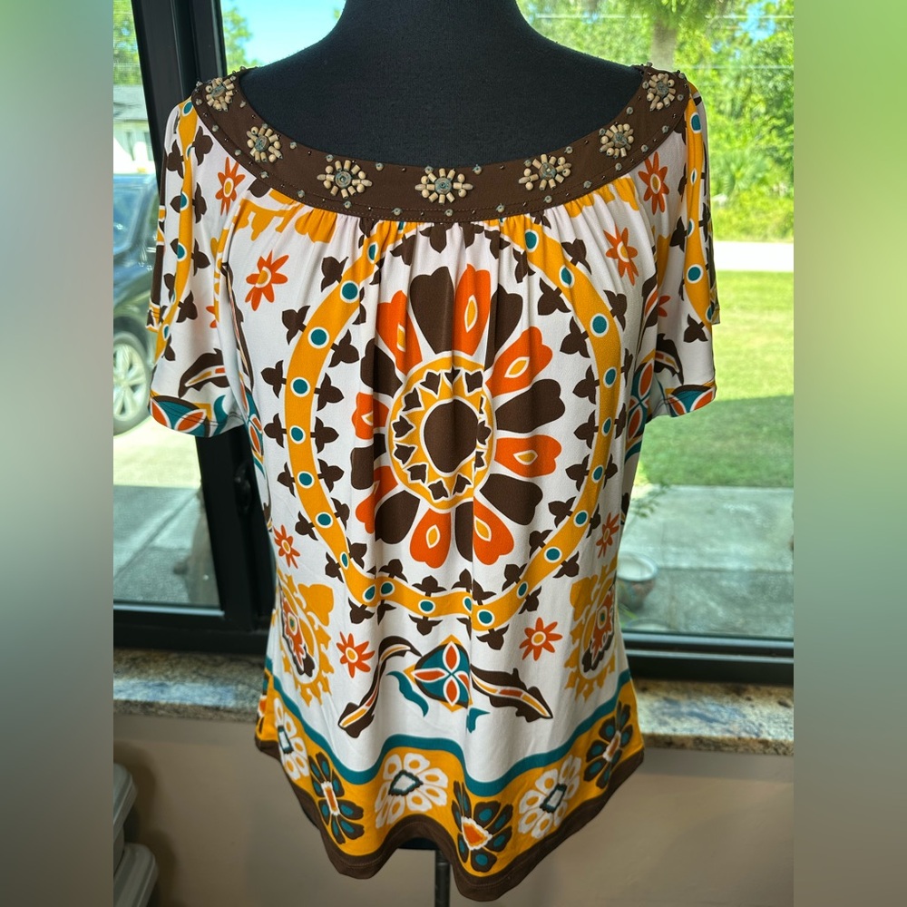Nicole Miller Embellished Neckline Floral Women's Peasant Top Size Large